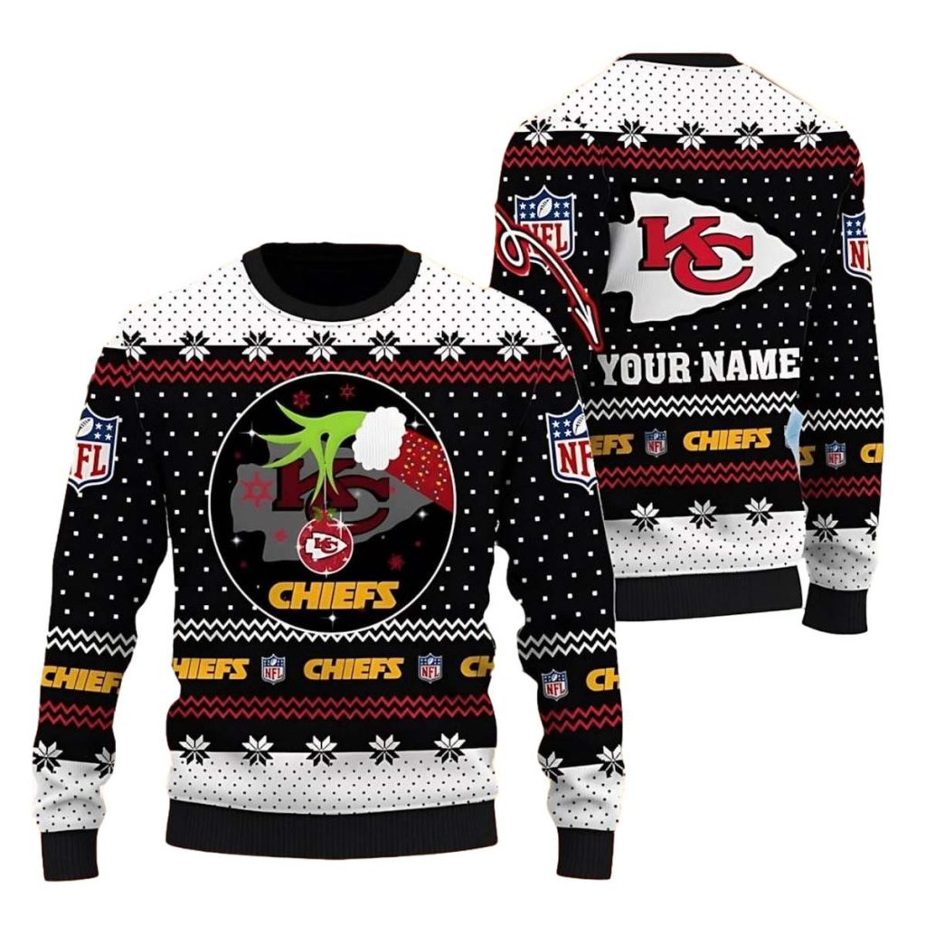 Kansas City Chiefs Grinch Hand Personalized Name 3D Ugly Christmas Sweater