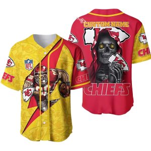 Personalized Kansas City Chiefs Yellow and Red Skull And Mascot Baseball Jersey
