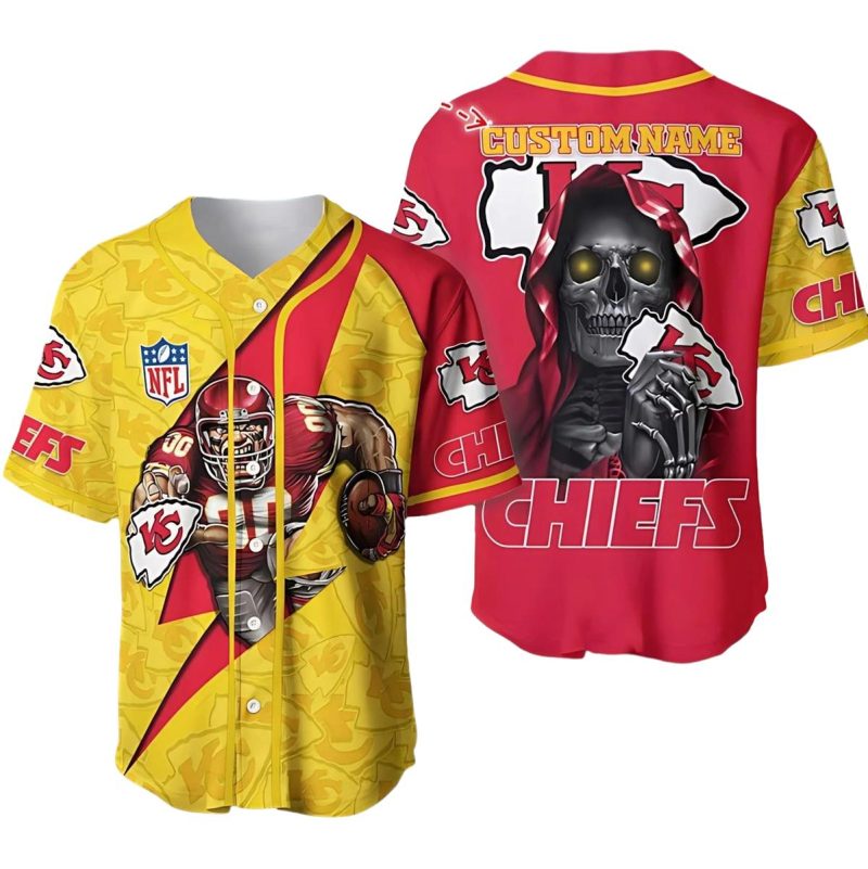 Kansas City Chiefs Personalized Yellow And Red Skeleton Baseball Jersey