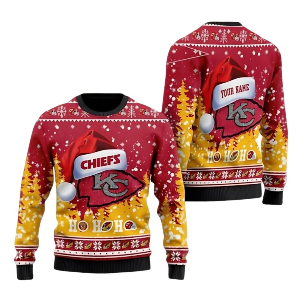 Kansas City Chiefs Symbol Wearing Santa Claus Hat Ho Ho Ho Personalized Ugly Christmas Sweater