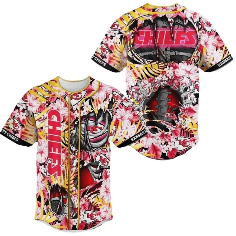 Skeleton And Tropical Flower Pattern Chiefs Baseball Jersey